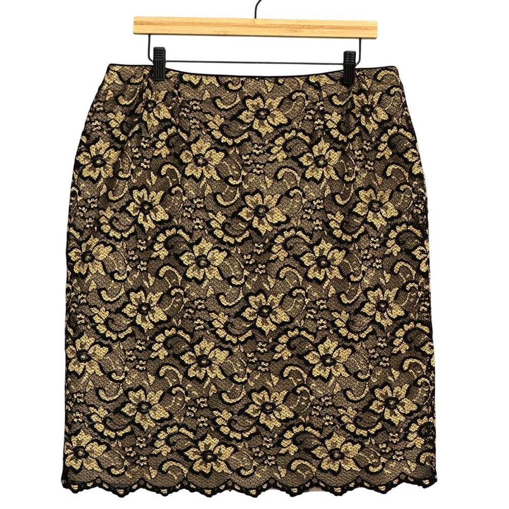 VTG Kasper Womens Skirt 16 Black Gold Lace Pencil Cocktail Glam Old Money Goth